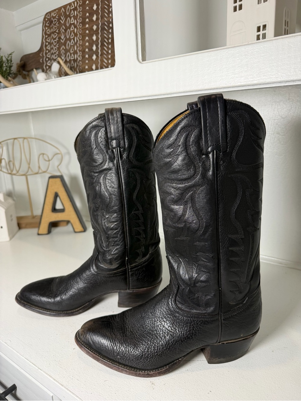 Vintage Tony Lama Womens 8.5 Black Leather Cowboy Boots Classic Western